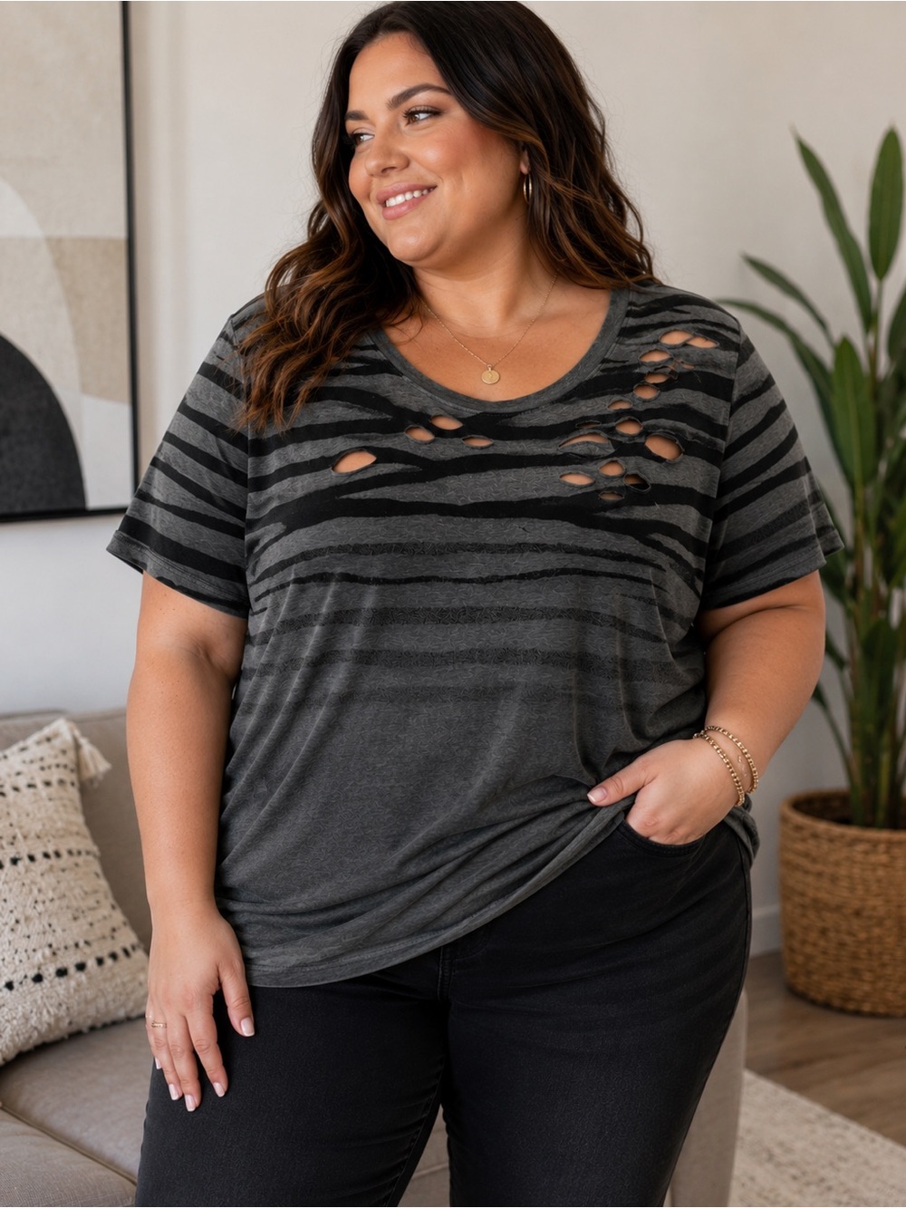 Torrid Lovesick Plus Size 1 or 14/16 Distressed Stripe Tee - Charcoal & Black